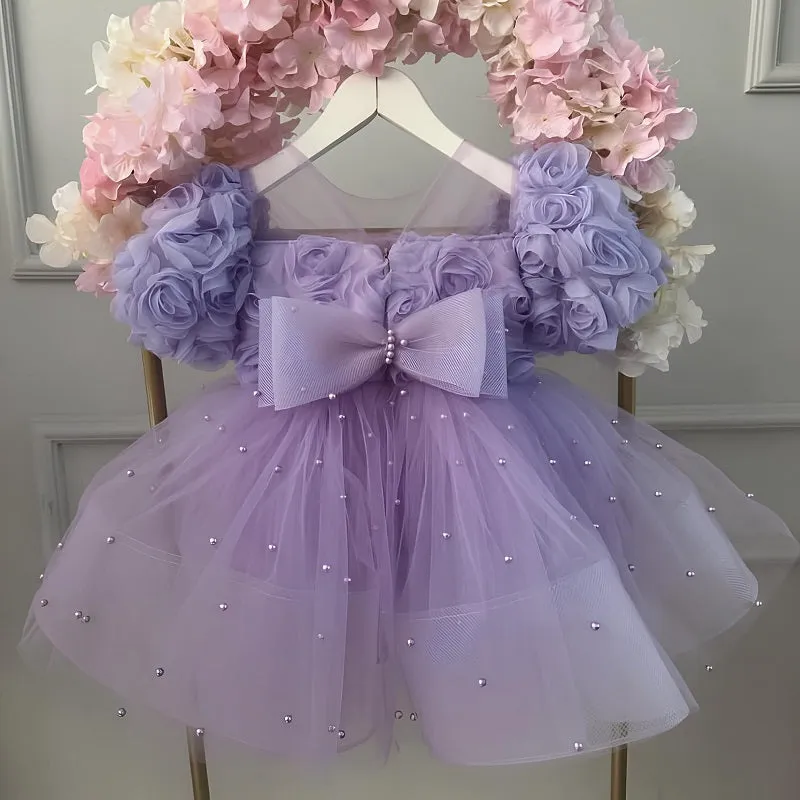 Baby Birthday Evening Dress Girls Fashion Rose Flower Puff Sleeve Princess Dress