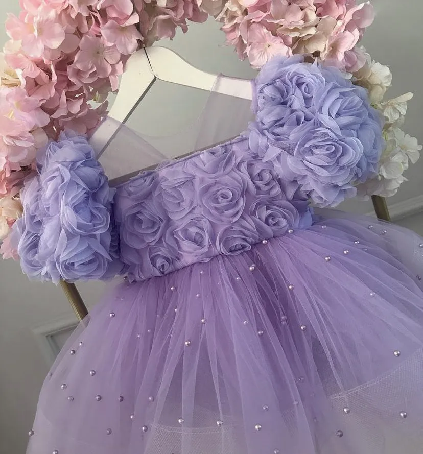 Baby Birthday Evening Dress Girls Fashion Rose Flower Puff Sleeve Princess Dress