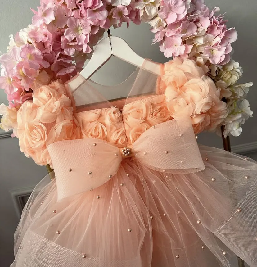 Baby Birthday Evening Dress Girls Fashion Rose Flower Puff Sleeve Princess Dress