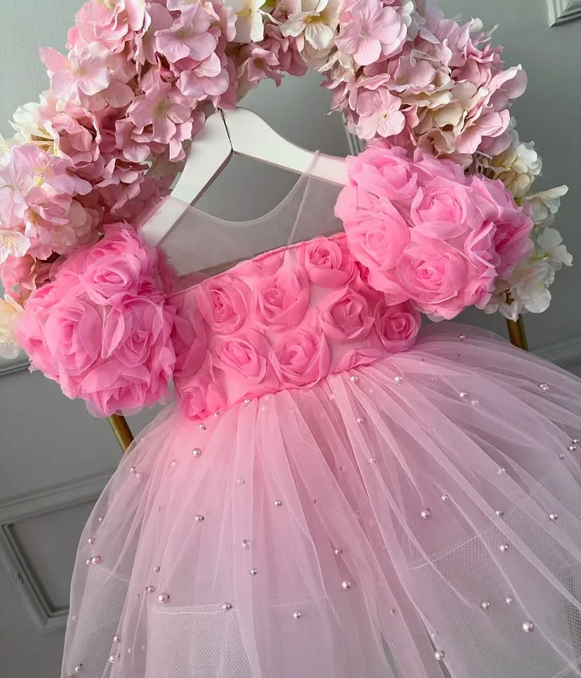 Baby Birthday Evening Dress Girls Fashion Rose Flower Puff Sleeve Princess Dress