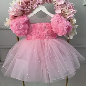 Baby Birthday Evening Dress Girls Fashion Rose Flower Puff Sleeve Princess Dress