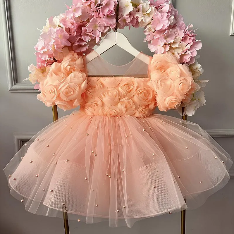 Baby Birthday Evening Dress Girls Fashion Rose Flower Puff Sleeve Princess Dress