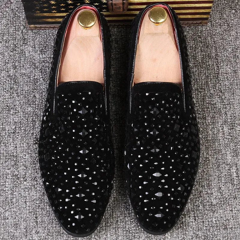 Black Suede Mens Studded Slip on Smart Loafer Style Shoe