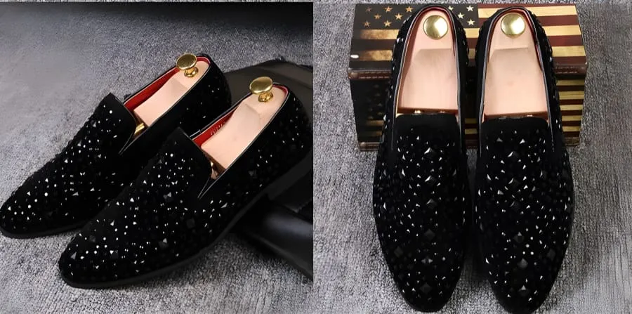 Black Suede Mens Studded Slip on Smart Loafer Style Shoe