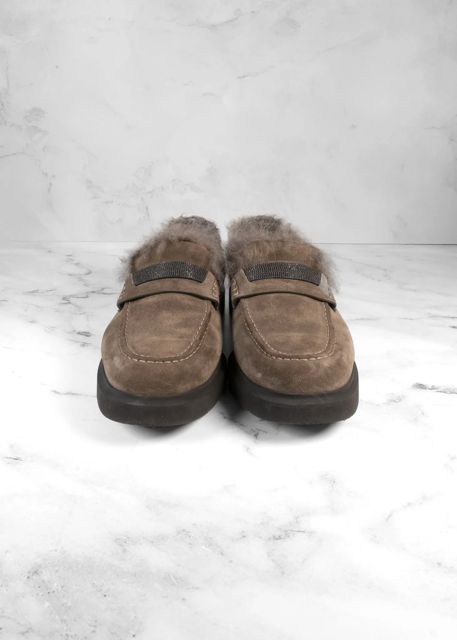 Brunello Cucinelli Suede Shearling Penny Loafers