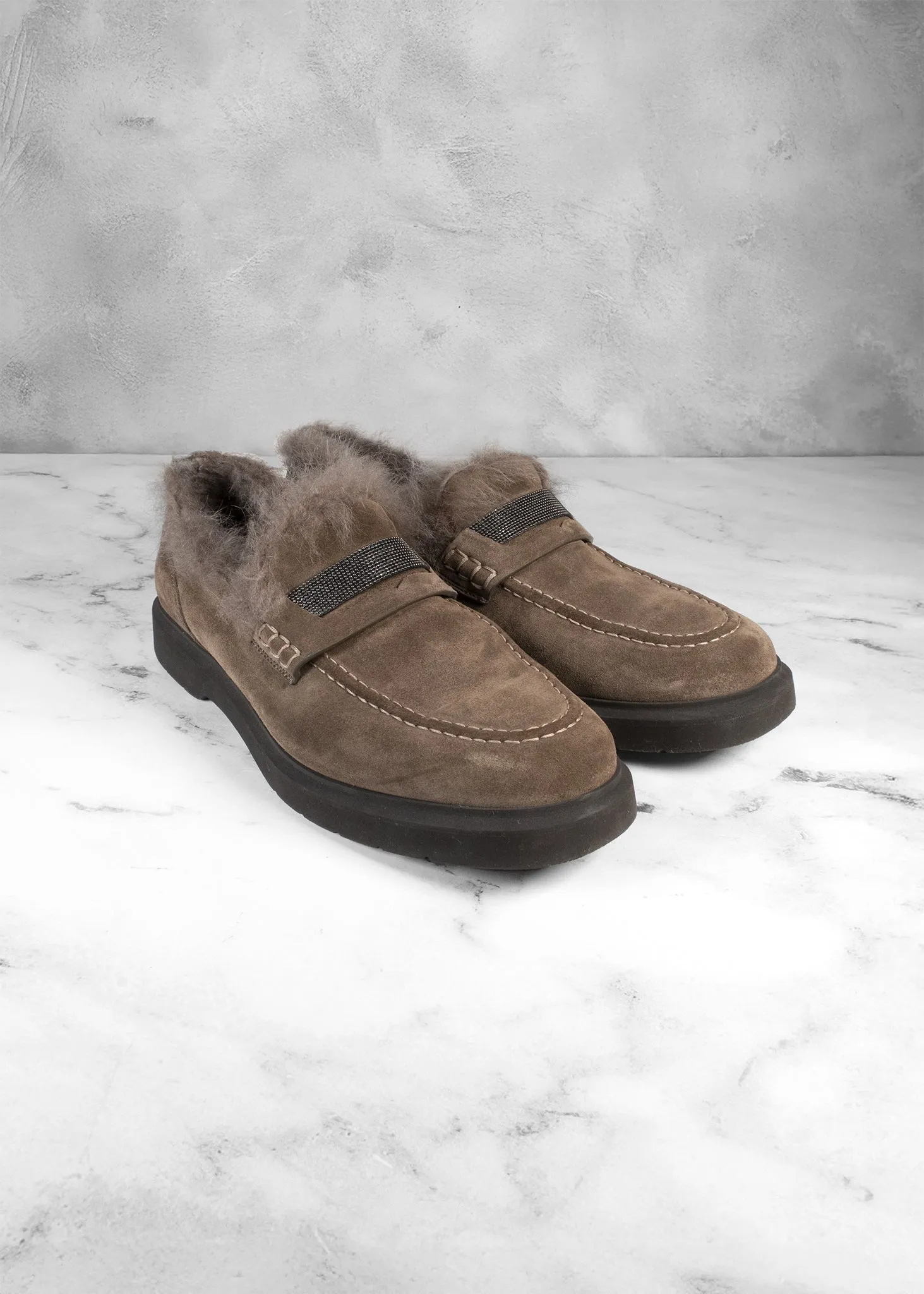 Brunello Cucinelli Suede Shearling Penny Loafers