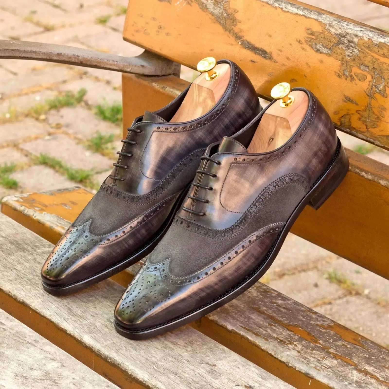 DapperFam Aeron in Grey Men's Lux Suede & Hand-Painted Patina Full Brogue