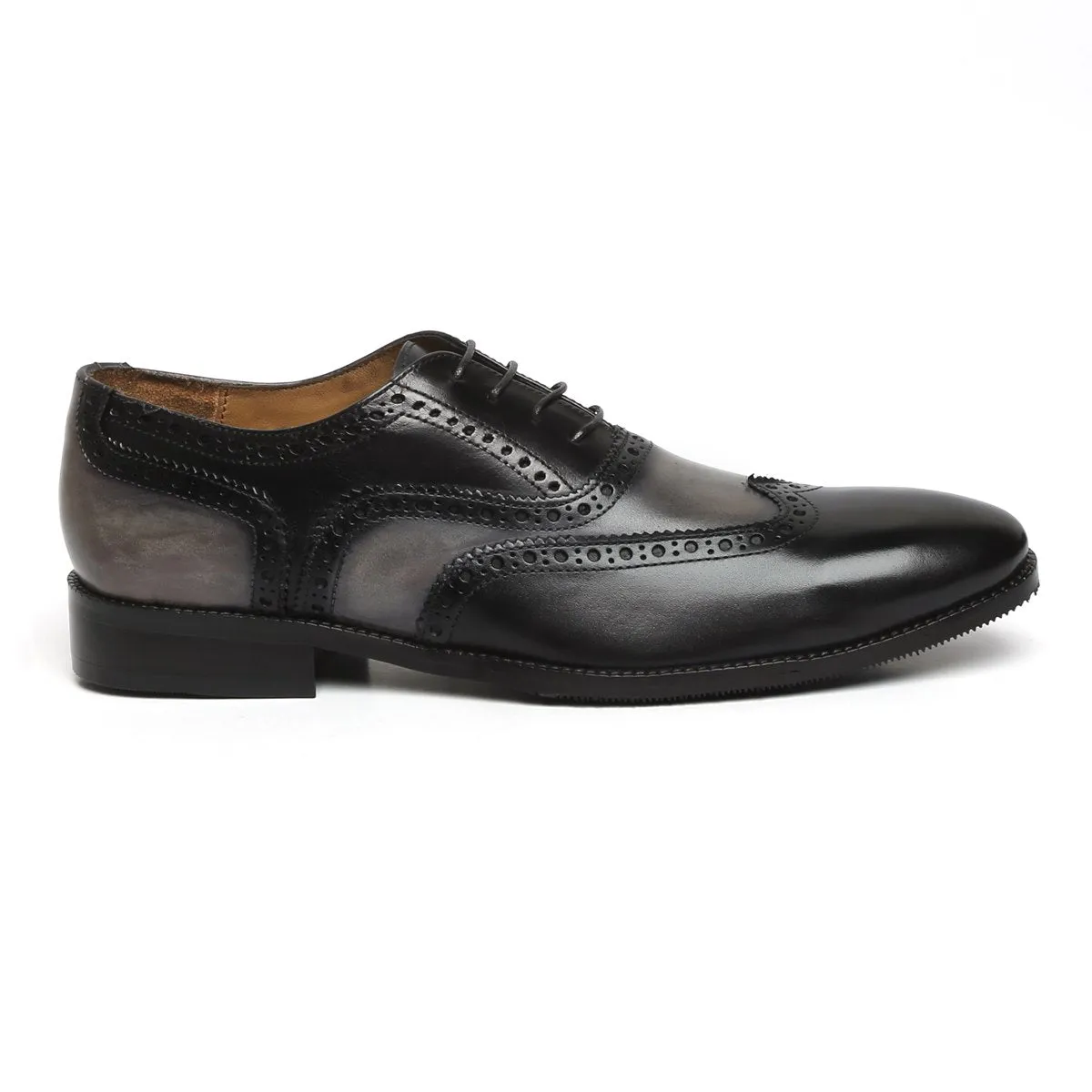 Grey Black Formal Shoe In Dual Tone Punching Brogue Leather Oxford Lace-Up