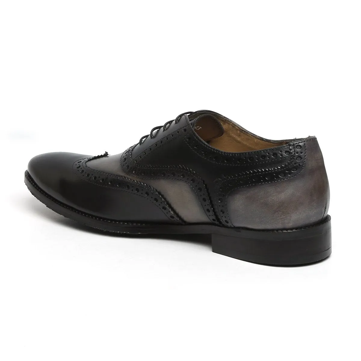 Grey Black Formal Shoe In Dual Tone Punching Brogue Leather Oxford Lace-Up