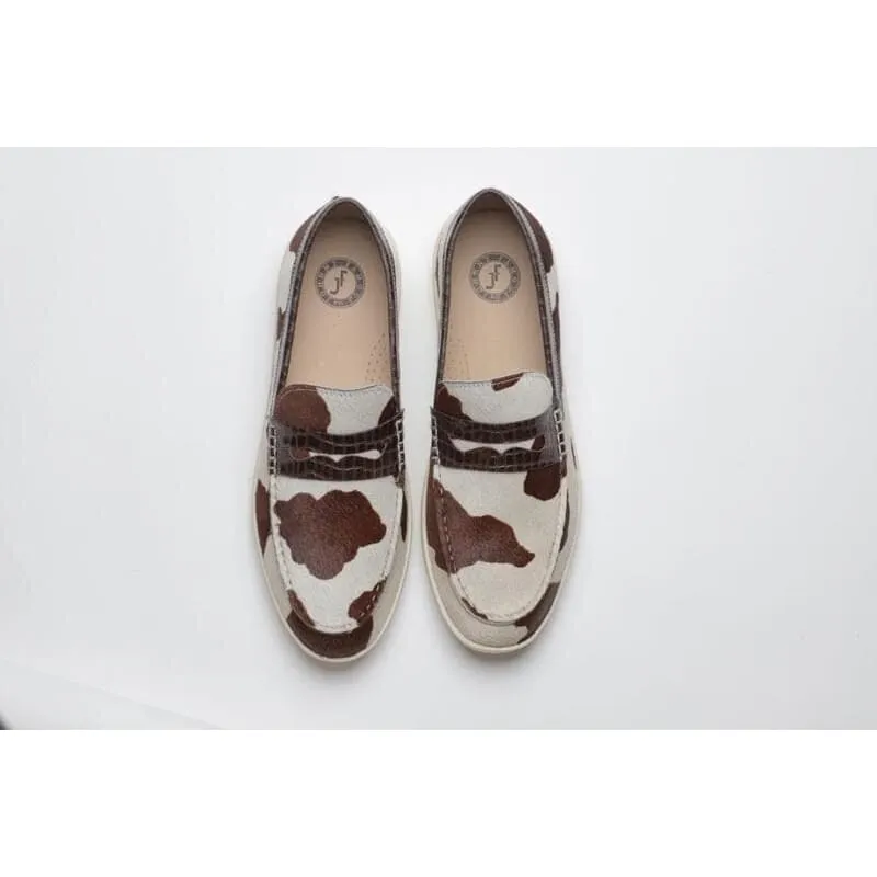 Johnny Famous Bally Style Pony Men's Brown Animal Print Leather and Suede Slip Ons