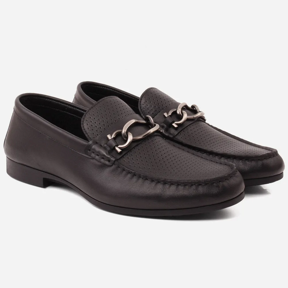 Men "VICENTE" Casual Perforated Slip On Metallic Buckle Leather Moccasins