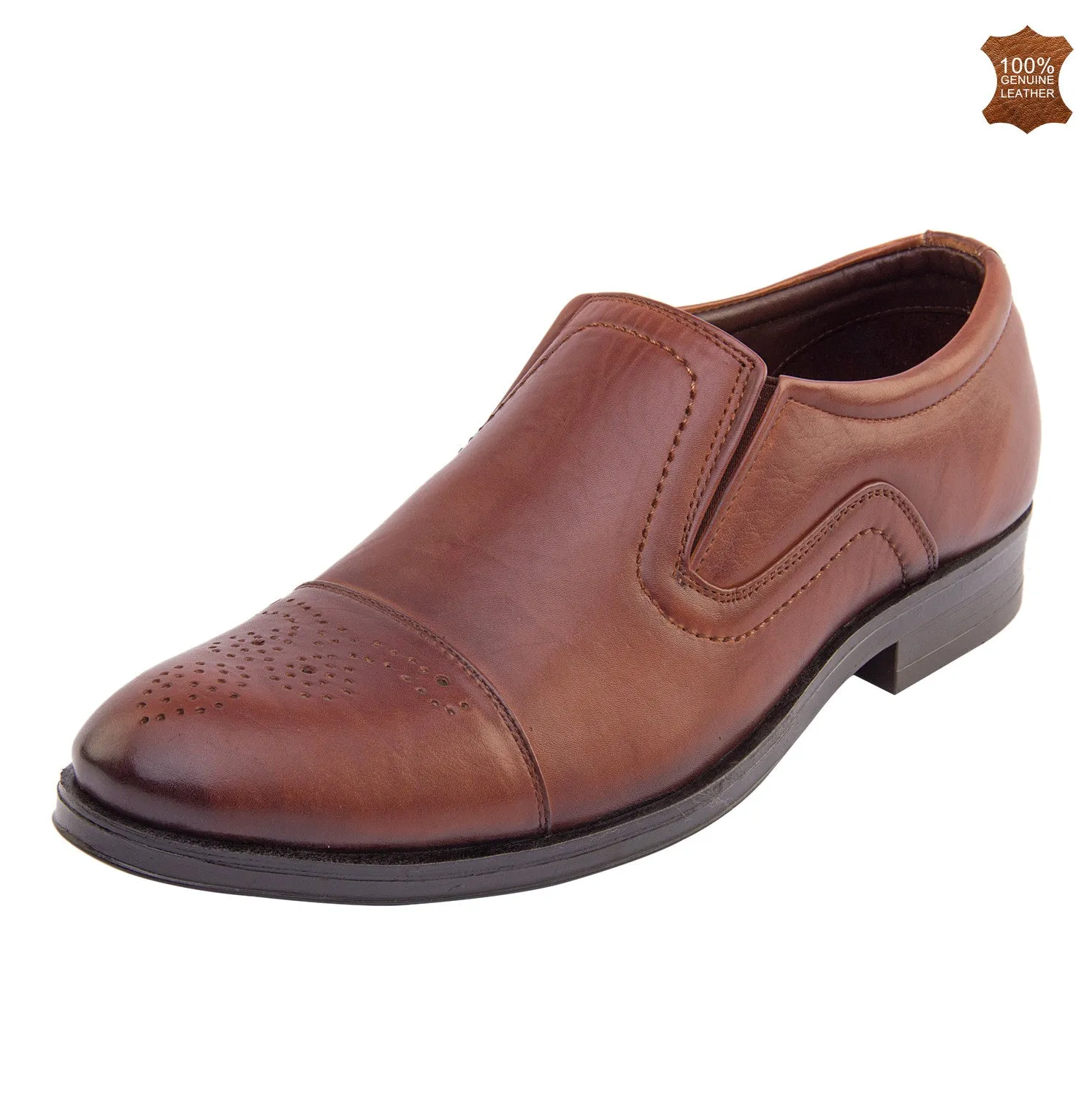 Vardhra Men 100% Genuine Leather - Formal Brogue Slip-on Dress Shoes - Tan