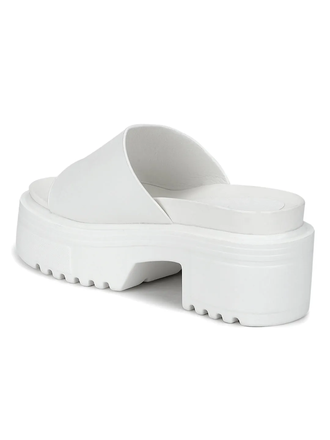 White PU Slip-on Cleated Bottom Platform Block Heels