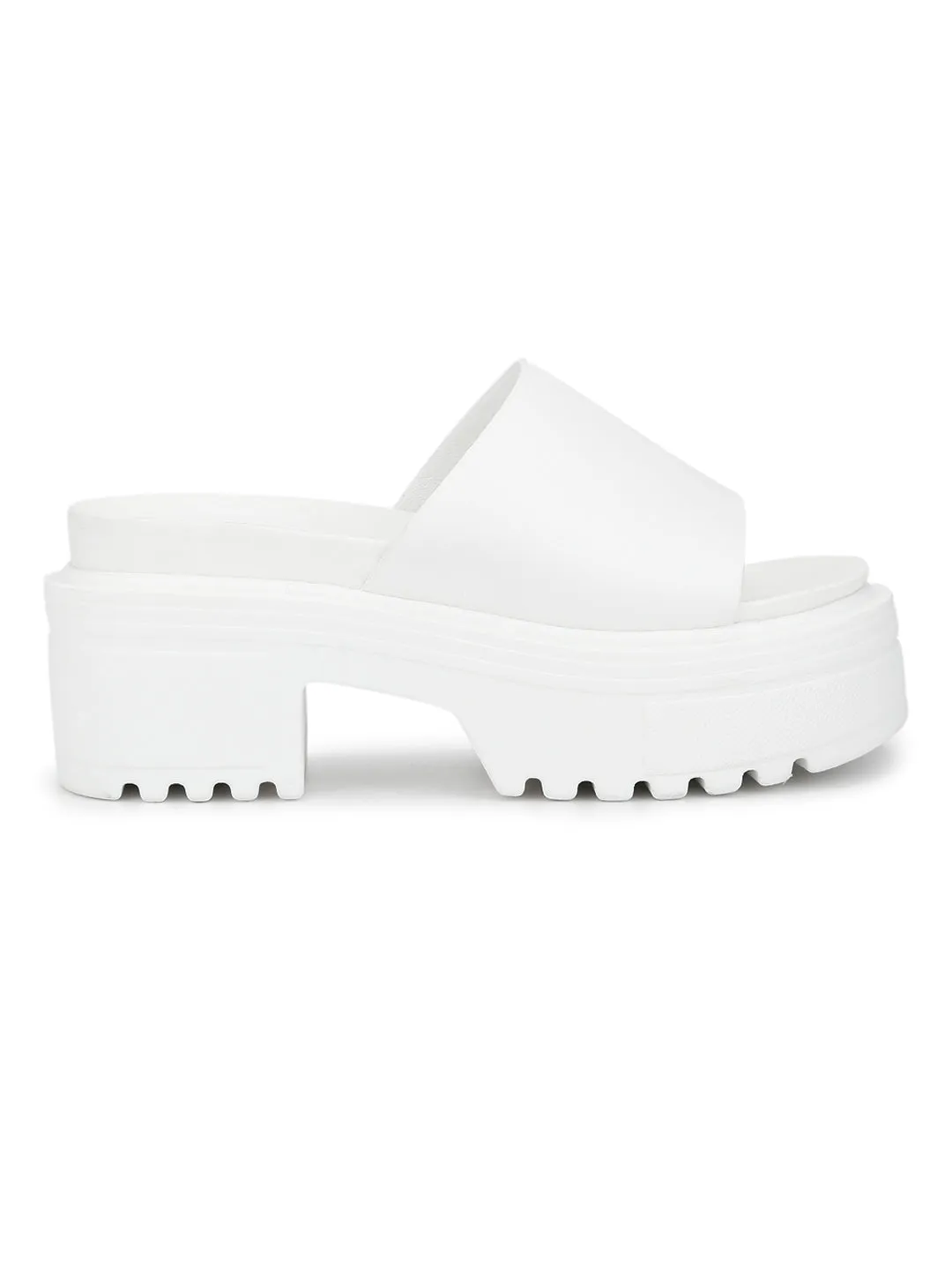 White PU Slip-on Cleated Bottom Platform Block Heels