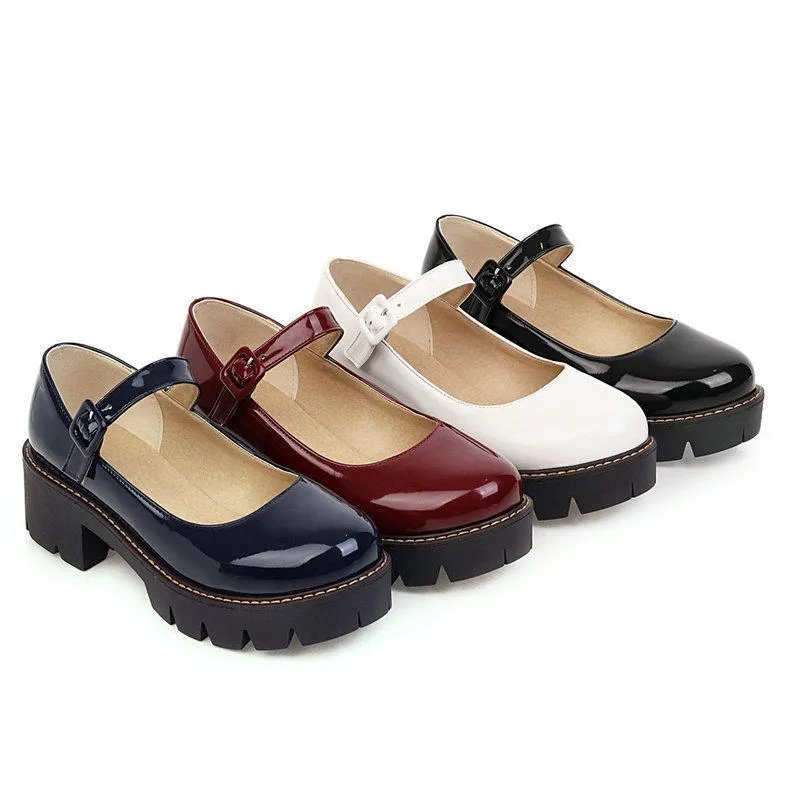 Women mary jane buckle strap slip on platform chunky heel loafers