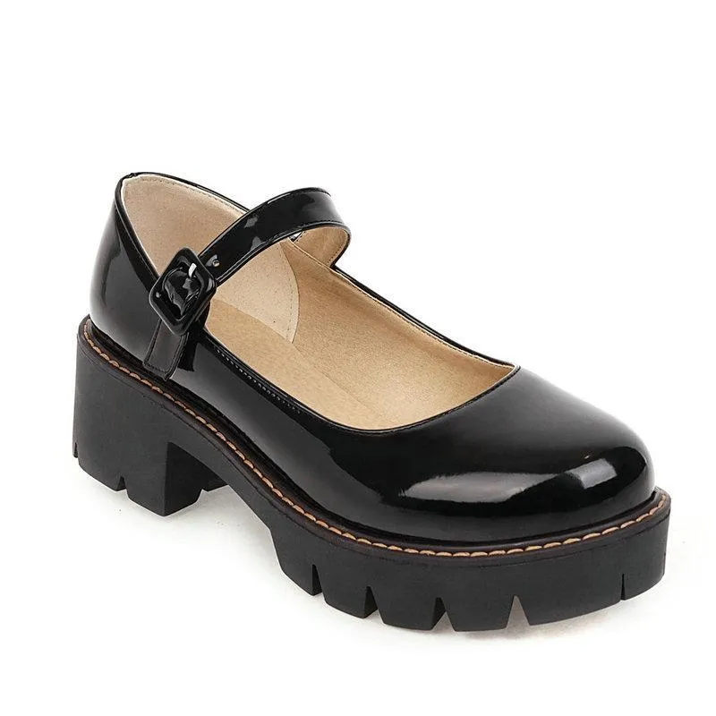 Women mary jane buckle strap slip on platform chunky heel loafers