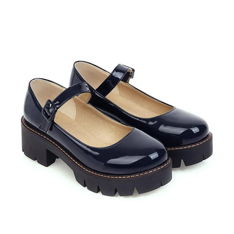 Women mary jane buckle strap slip on platform chunky heel loafers