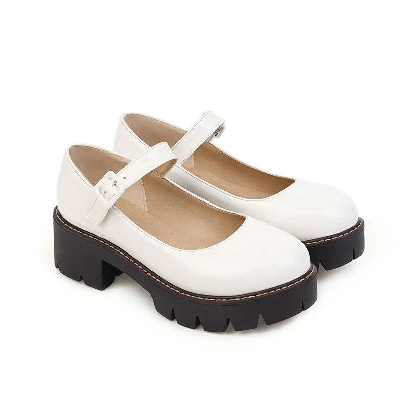 Women mary jane buckle strap slip on platform chunky heel loafers