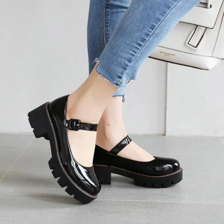 Women mary jane buckle strap slip on platform chunky heel loafers