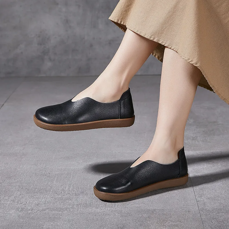 Womens Round Toe Soft Leather Slip-On Loafers