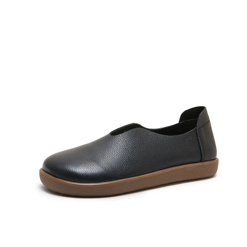 Womens Round Toe Soft Leather Slip-On Loafers